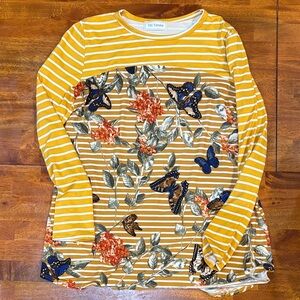 Ces Femme Mustard Floral Striped Long Sleeve Top